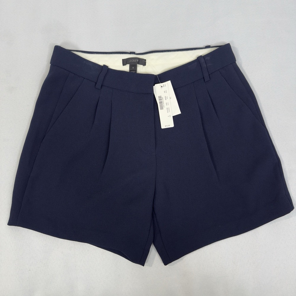 J Crew Womens 0 Pleated Crepe Trouser Shorts Mid Rise Navy A2658 Academia Preppy